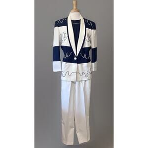 JOYCE 3Pc Pant Suit Blazer Pants Top Navy Blue White Vintage 80s Union USA